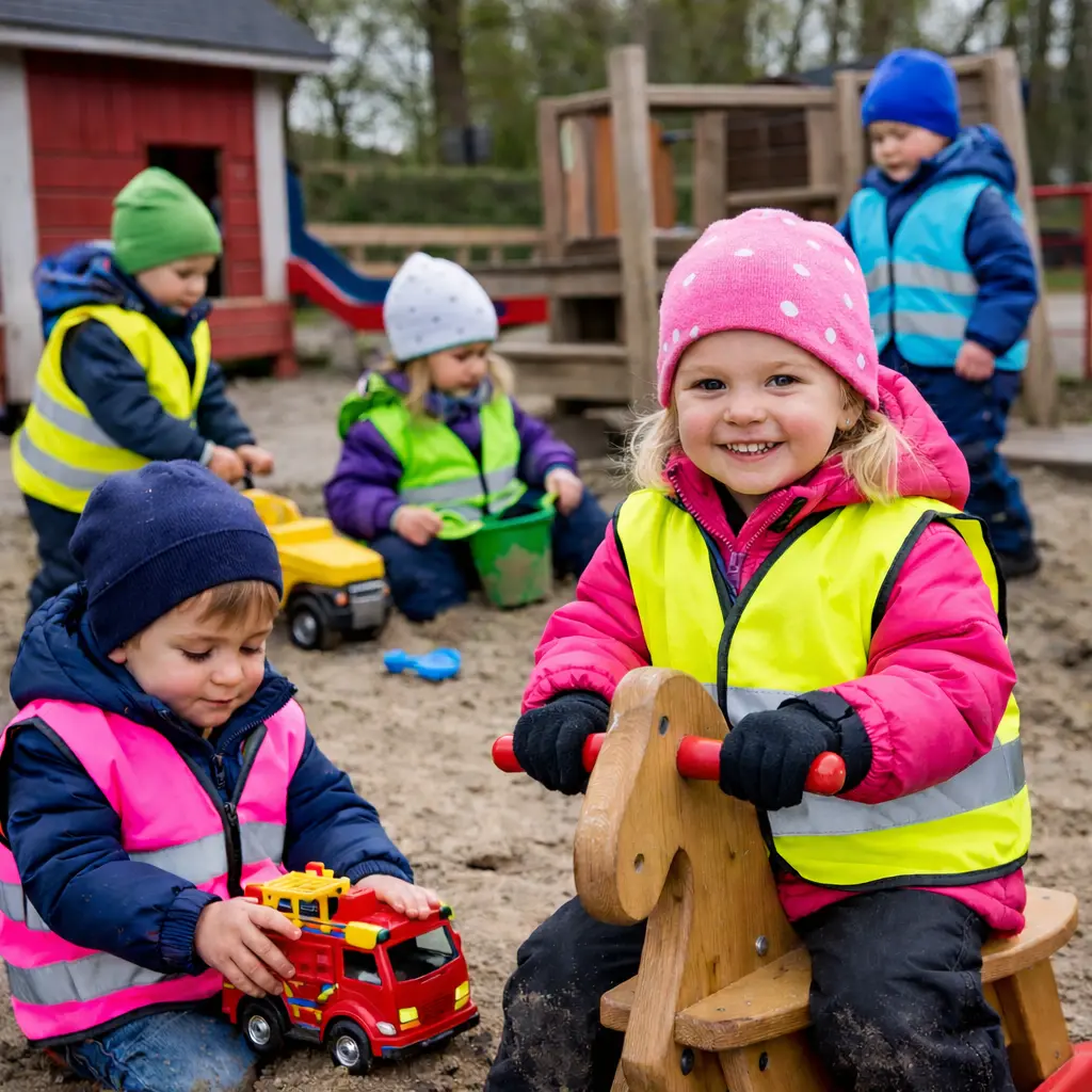 Lapset leikkivät päiväkodin pihalla käyttäen värikkäitä Beava-heijastinliivejä hiekkalaatikossa ja keinuhevosella